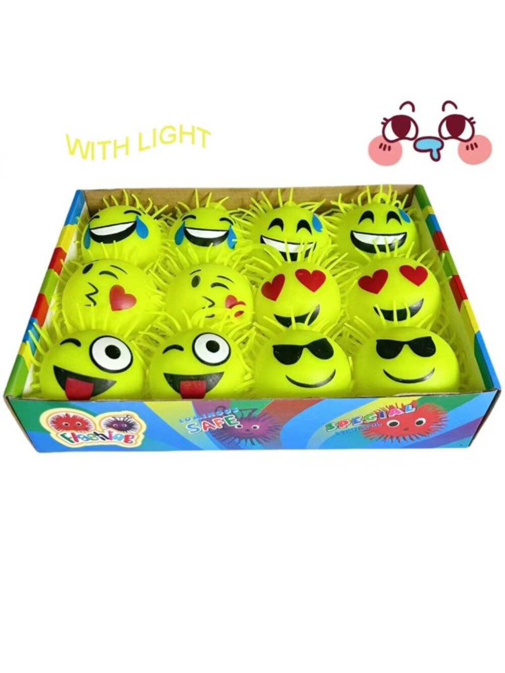 12-Pack Flashing LED Emoji Puffer Balls Set | Light Up Fidget Stress Toys